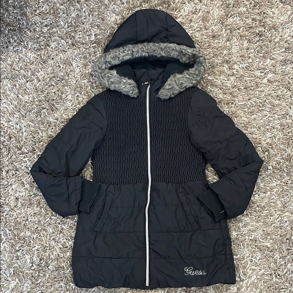Guess Kids Black Puffer Jacket with Gray Faux Fur Hood size medium 10/12 yrs old